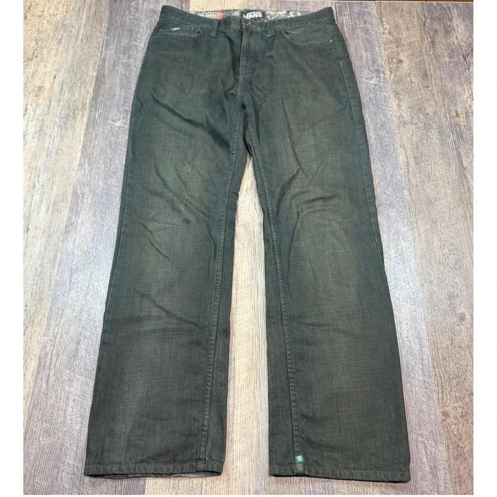 Vans Mens Dark Wash Denim Jeans Straight Leg Green Skull Logo Size 34x32 Skate